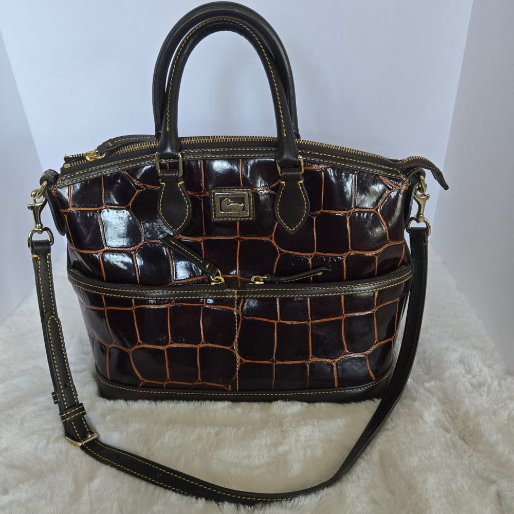 Dooney & Bourke Croc Embossed Dillen Satchel Brown Tan